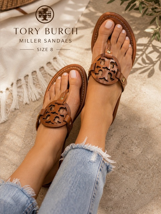 Tory Burch Shoes - Tory Burch Miller Sandals Brown Leather Logo Thong Flats Size 8